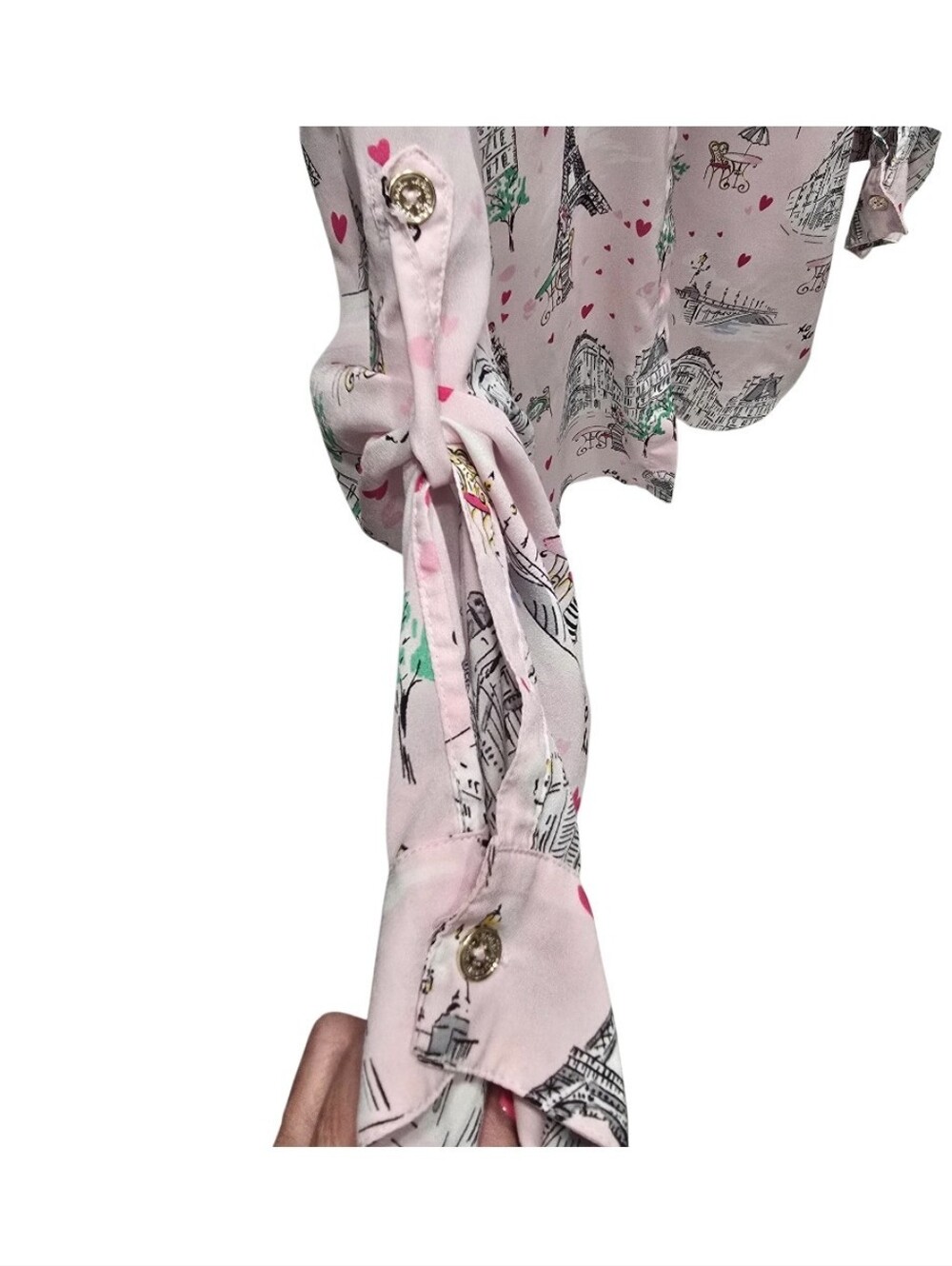 Karl Lagerfeld Paris Pink Eiffel Tower Print Button-Up Blouse Large - Picture 6 of 11